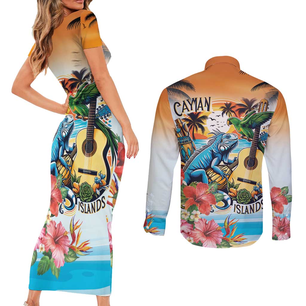 Cayman Islands Couples Matching Short Sleeve Bodycon Dress and Long Sleeve Button Shirt Iguanas And Parrot Hisbius Flower - Wonder Print Shop
