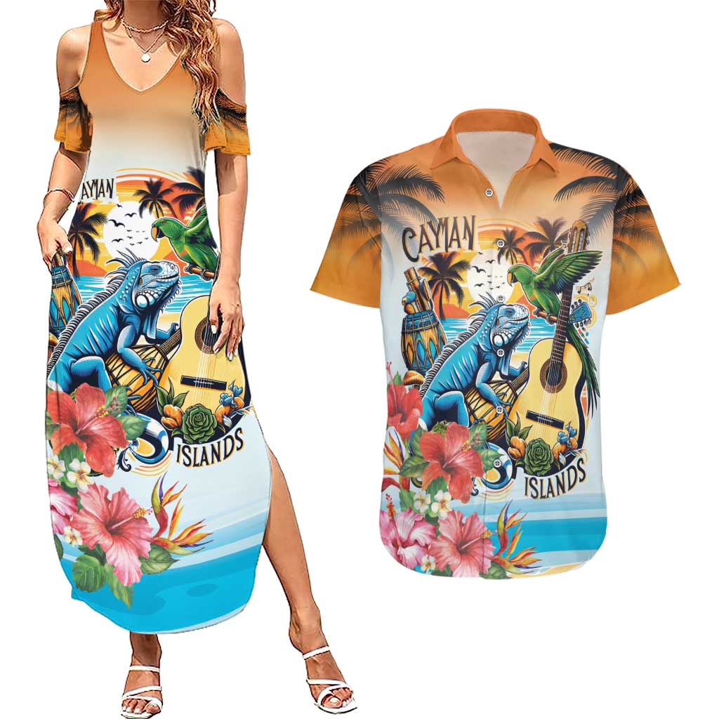 Cayman Islands Couples Matching Summer Maxi Dress and Hawaiian Shirt Iguanas And Parrot Hisbius Flower - Wonder Print Shop