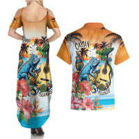 Cayman Islands Couples Matching Summer Maxi Dress and Hawaiian Shirt Iguanas And Parrot Hisbius Flower - Wonder Print Shop