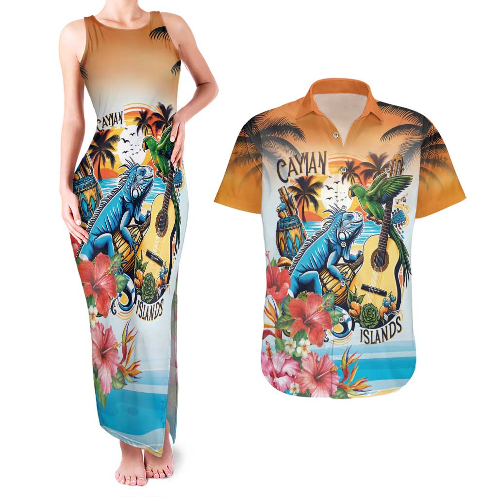 Cayman Islands Couples Matching Tank Maxi Dress and Hawaiian Shirt Iguanas And Parrot Hisbius Flower - Wonder Print Shop