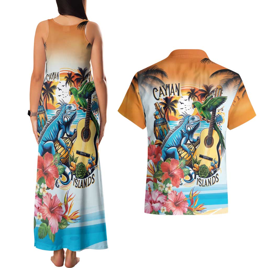 Cayman Islands Couples Matching Tank Maxi Dress and Hawaiian Shirt Iguanas And Parrot Hisbius Flower - Wonder Print Shop
