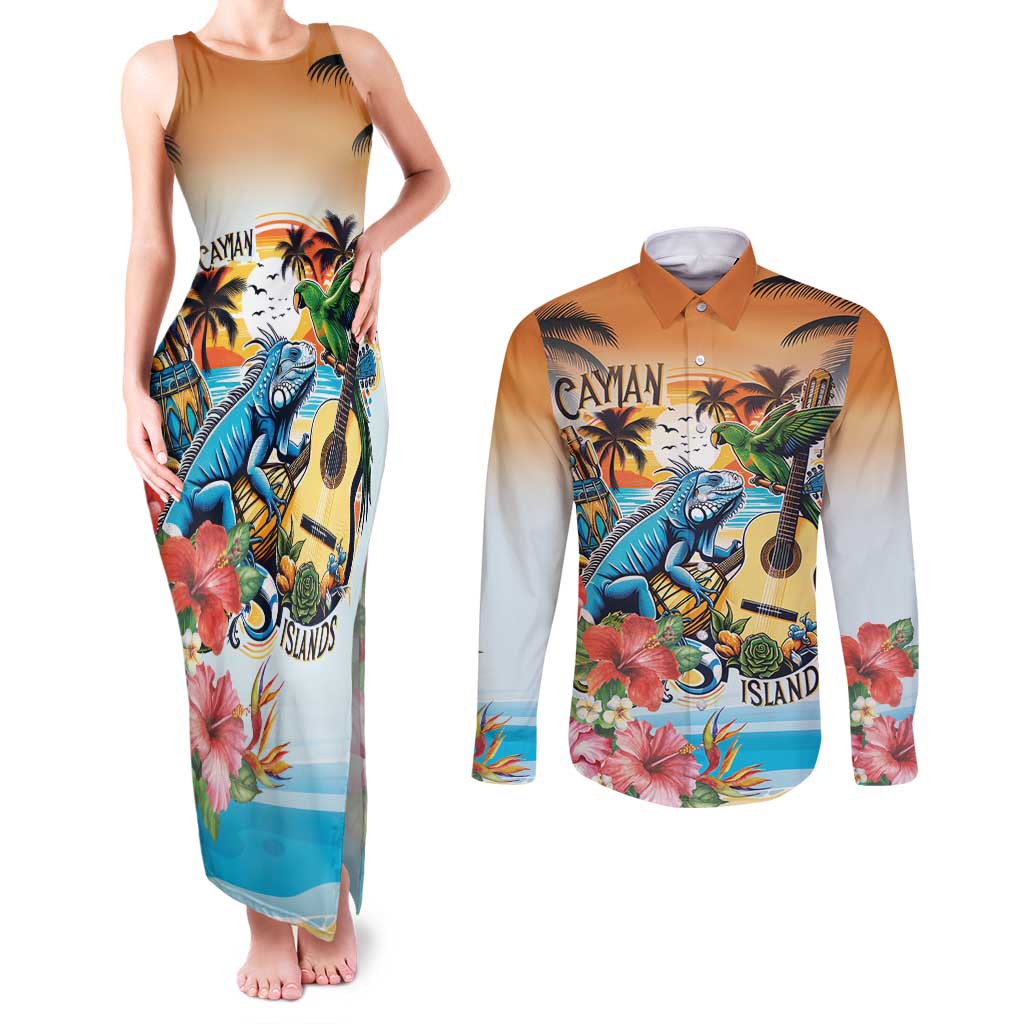 Cayman Islands Couples Matching Tank Maxi Dress and Long Sleeve Button Shirt Iguanas And Parrot Hisbius Flower - Wonder Print Shop