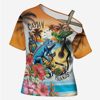 Cayman Islands Cross Shoulder Shirt Iguanas And Parrot Hisbius Flower - Wonder Print Shop