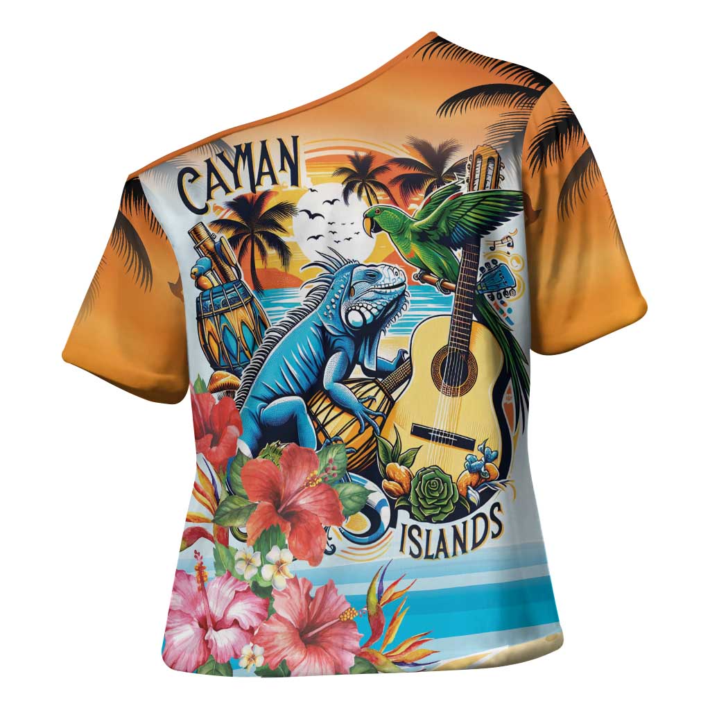 Cayman Islands Cross Shoulder Shirt Iguanas And Parrot Hisbius Flower - Wonder Print Shop