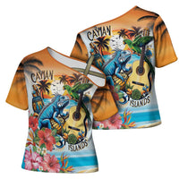 Cayman Islands Cross Shoulder Shirt Iguanas And Parrot Hisbius Flower - Wonder Print Shop