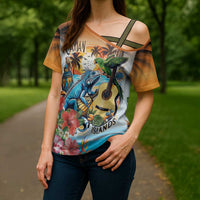 Cayman Islands Cross Shoulder Shirt Iguanas And Parrot Hisbius Flower - Wonder Print Shop