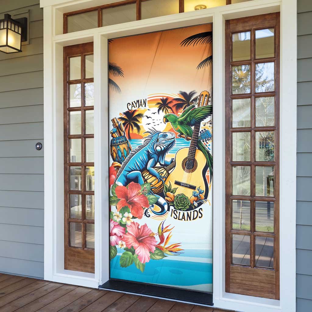 Cayman Islands Door Cover Iguanas And Parrot Hisbius Flower - Wonder Print Shop