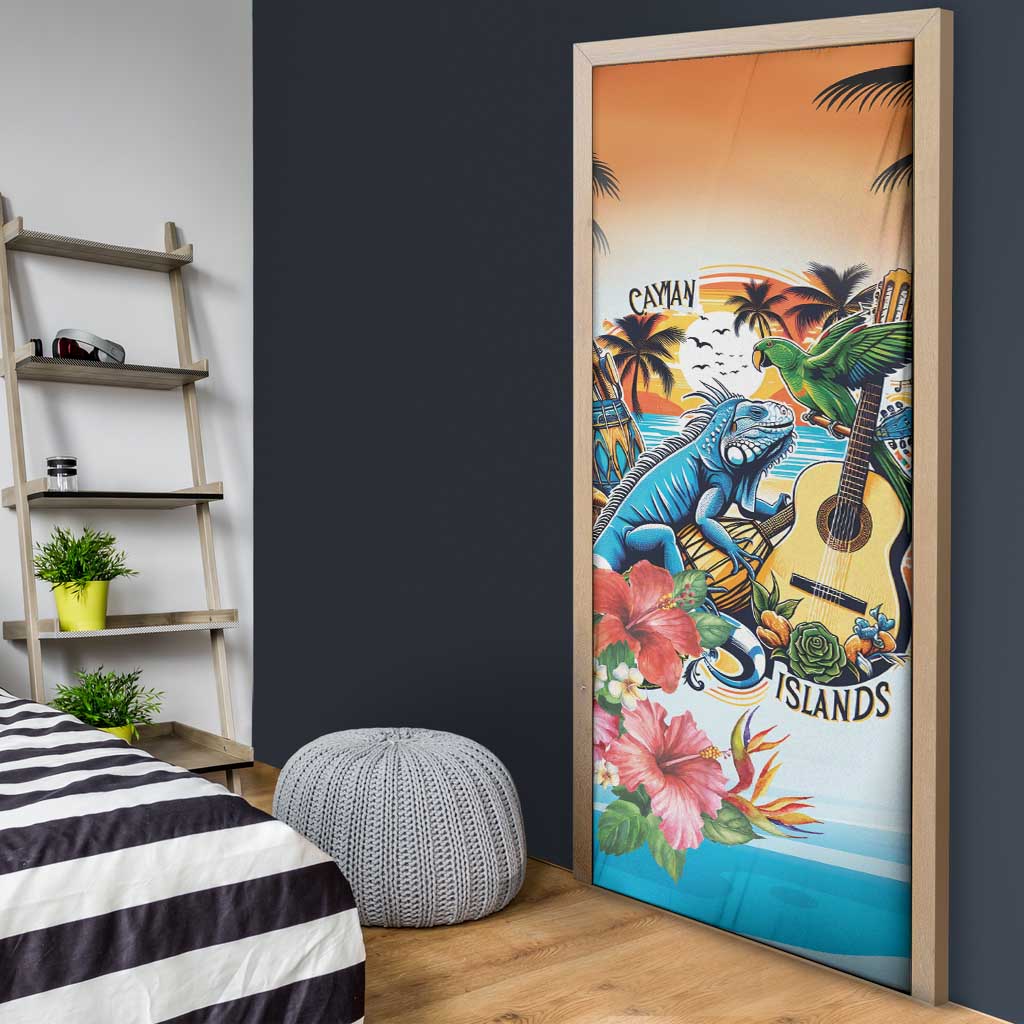 Cayman Islands Door Cover Iguanas And Parrot Hisbius Flower - Wonder Print Shop