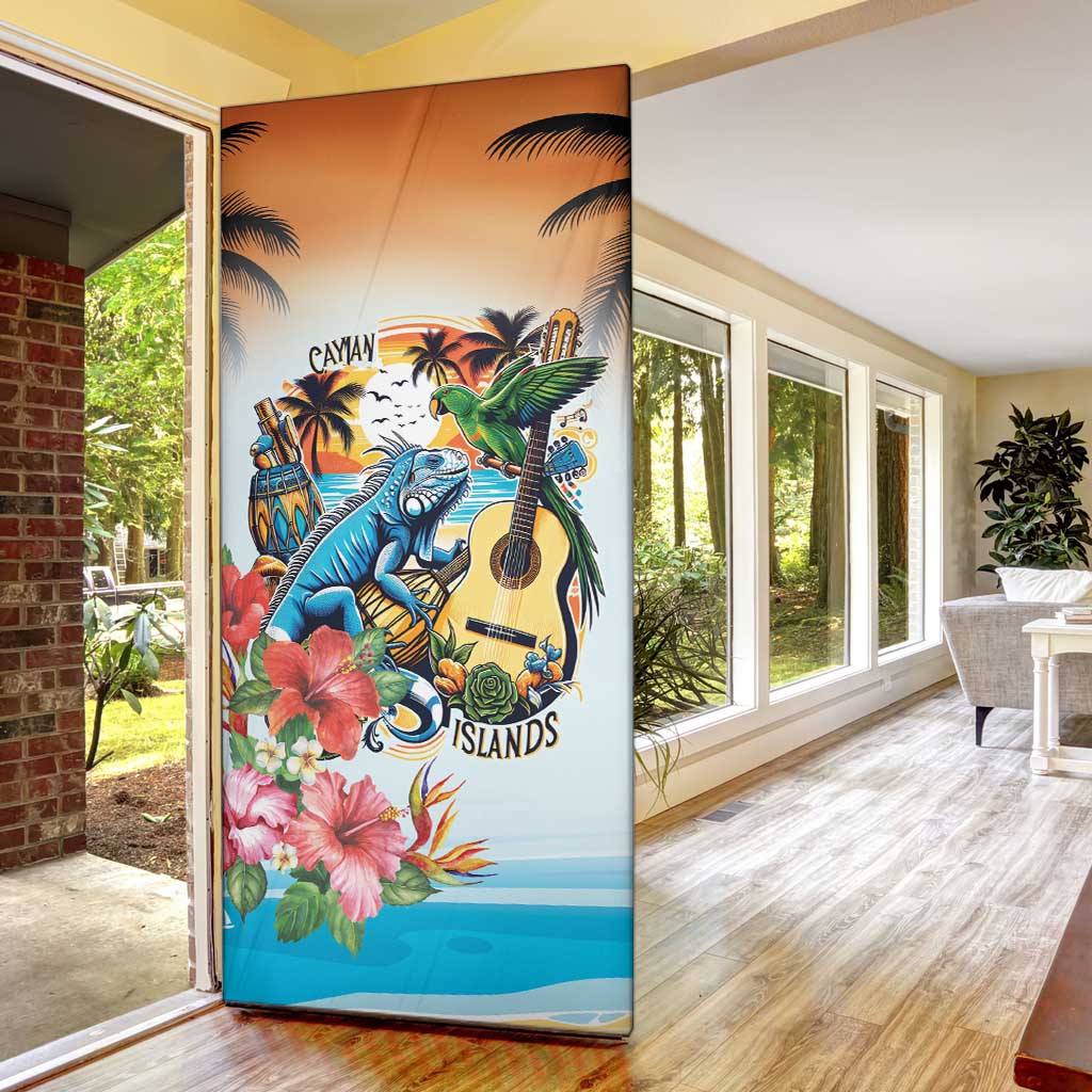 Cayman Islands Door Cover Iguanas And Parrot Hisbius Flower - Wonder Print Shop