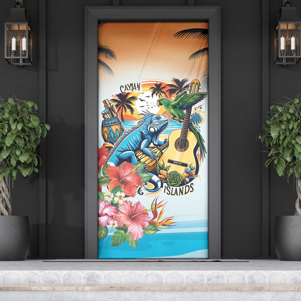 Cayman Islands Door Cover Iguanas And Parrot Hisbius Flower - Wonder Print Shop