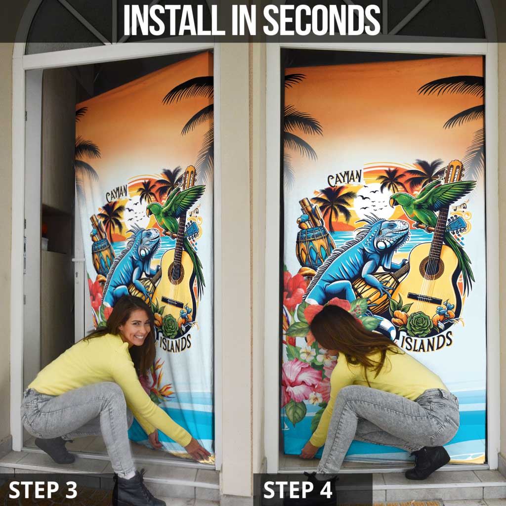 Cayman Islands Door Cover Iguanas And Parrot Hisbius Flower - Wonder Print Shop