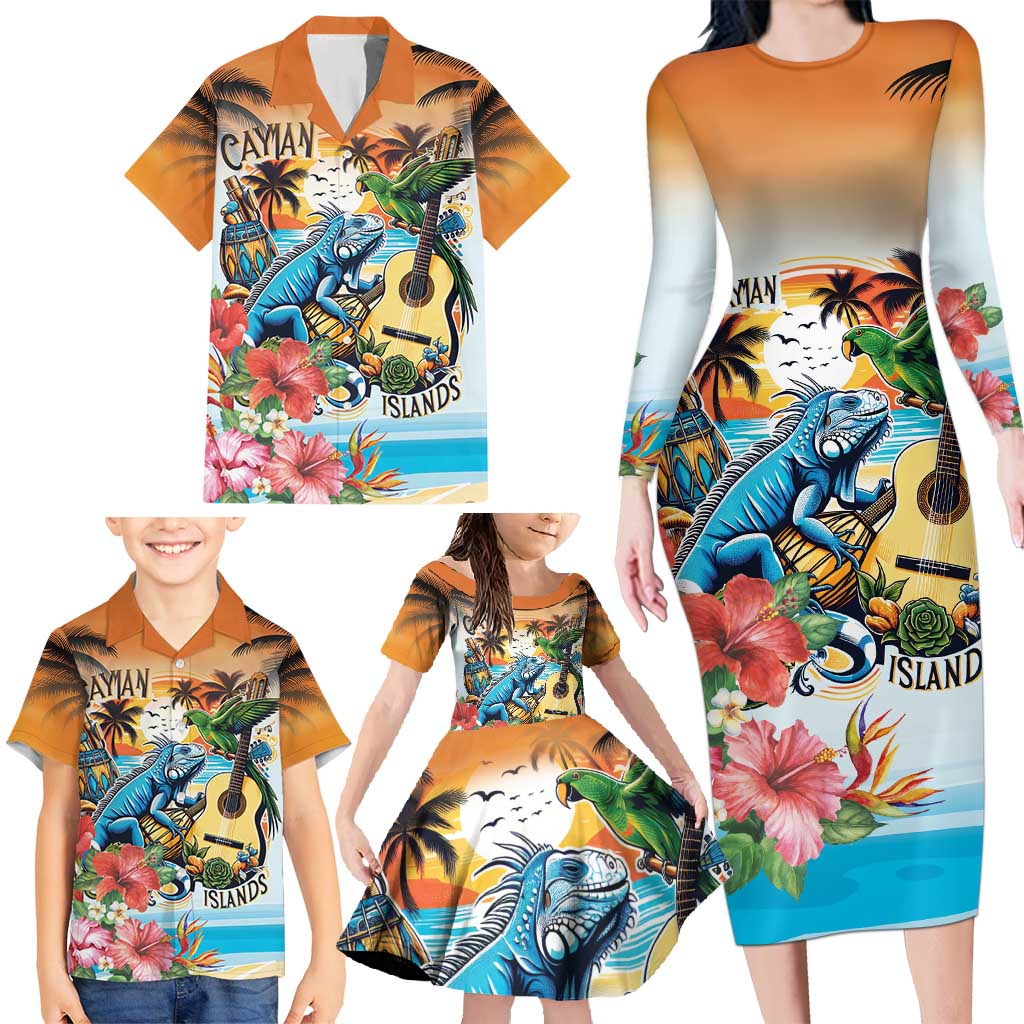 Cayman Islands Family Matching Long Sleeve Bodycon Dress and Hawaiian Shirt Iguanas And Parrot Hisbius Flower - Wonder Print Shop