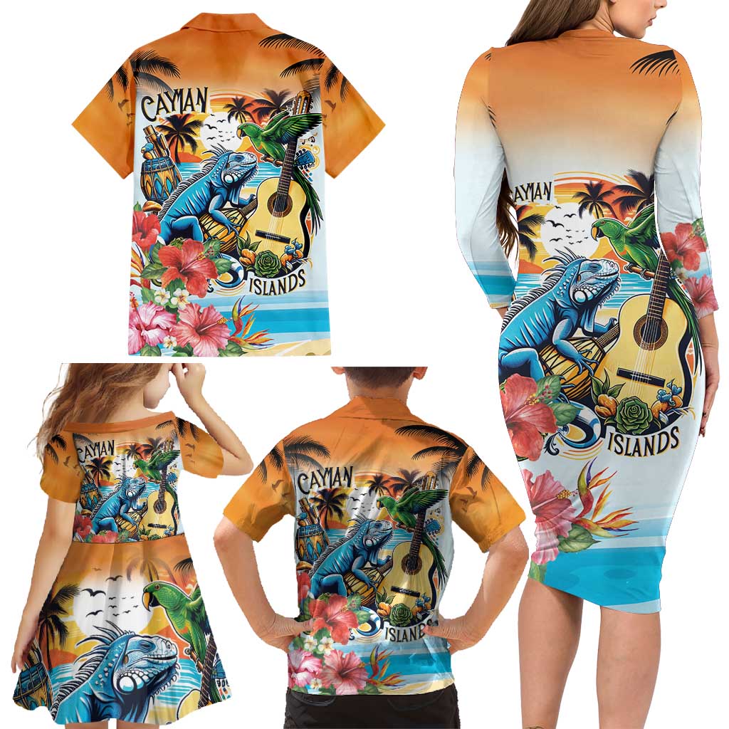 Cayman Islands Family Matching Long Sleeve Bodycon Dress and Hawaiian Shirt Iguanas And Parrot Hisbius Flower - Wonder Print Shop