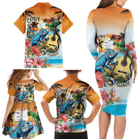 Cayman Islands Family Matching Long Sleeve Bodycon Dress and Hawaiian Shirt Iguanas And Parrot Hisbius Flower - Wonder Print Shop