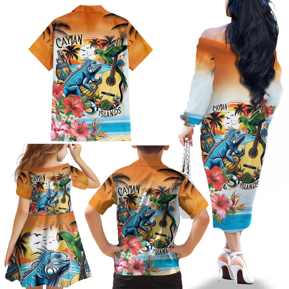 Cayman Islands Family Matching Off The Shoulder Long Sleeve Dress and Hawaiian Shirt Iguanas And Parrot Hisbius Flower - Wonder Print Shop