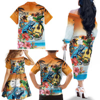 Cayman Islands Family Matching Off The Shoulder Long Sleeve Dress and Hawaiian Shirt Iguanas And Parrot Hisbius Flower - Wonder Print Shop