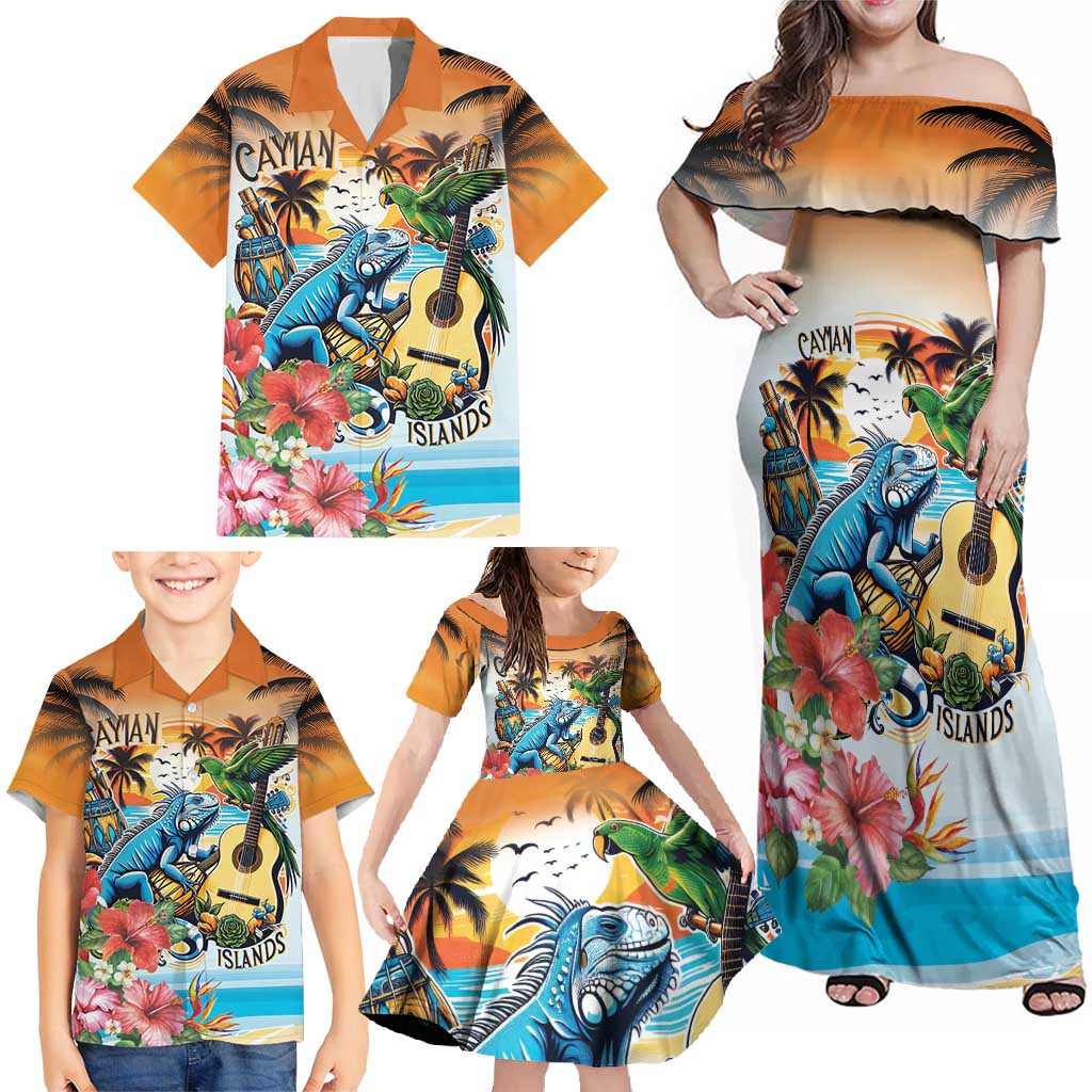 Cayman Islands Family Matching Off Shoulder Maxi Dress and Hawaiian Shirt Iguanas And Parrot Hisbius Flower - Wonder Print Shop
