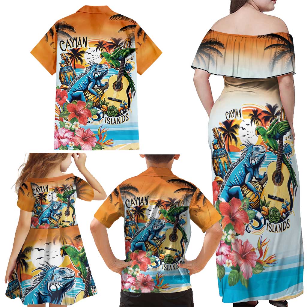 Cayman Islands Family Matching Off Shoulder Maxi Dress and Hawaiian Shirt Iguanas And Parrot Hisbius Flower - Wonder Print Shop