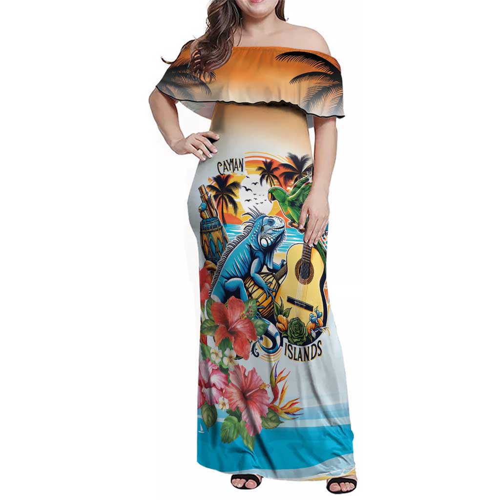 Cayman Islands Family Matching Off Shoulder Maxi Dress and Hawaiian Shirt Iguanas And Parrot Hisbius Flower - Wonder Print Shop