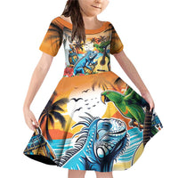 Cayman Islands Family Matching Off Shoulder Short Dress and Hawaiian Shirt Iguanas And Parrot Hisbius Flower - Wonder Print Shop