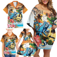 Cayman Islands Family Matching Off Shoulder Short Dress and Hawaiian Shirt Iguanas And Parrot Hisbius Flower - Wonder Print Shop