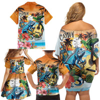 Cayman Islands Family Matching Off Shoulder Short Dress and Hawaiian Shirt Iguanas And Parrot Hisbius Flower - Wonder Print Shop