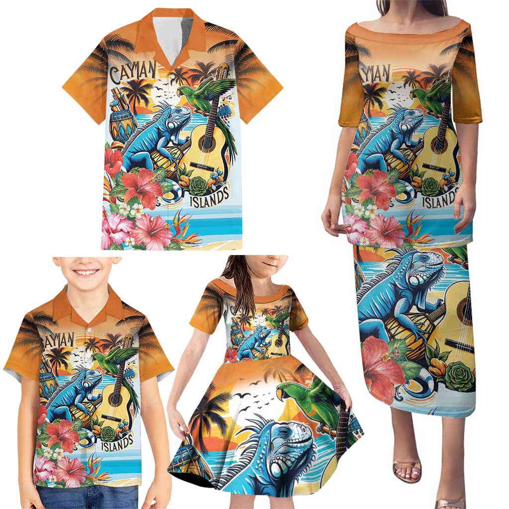 Cayman Islands Family Matching Puletasi and Hawaiian Shirt Iguanas And Parrot Hisbius Flower - Wonder Print Shop
