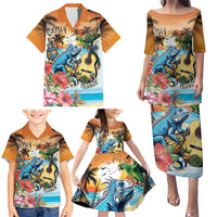 Cayman Islands Family Matching Puletasi and Hawaiian Shirt Iguanas And Parrot Hisbius Flower - Wonder Print Shop