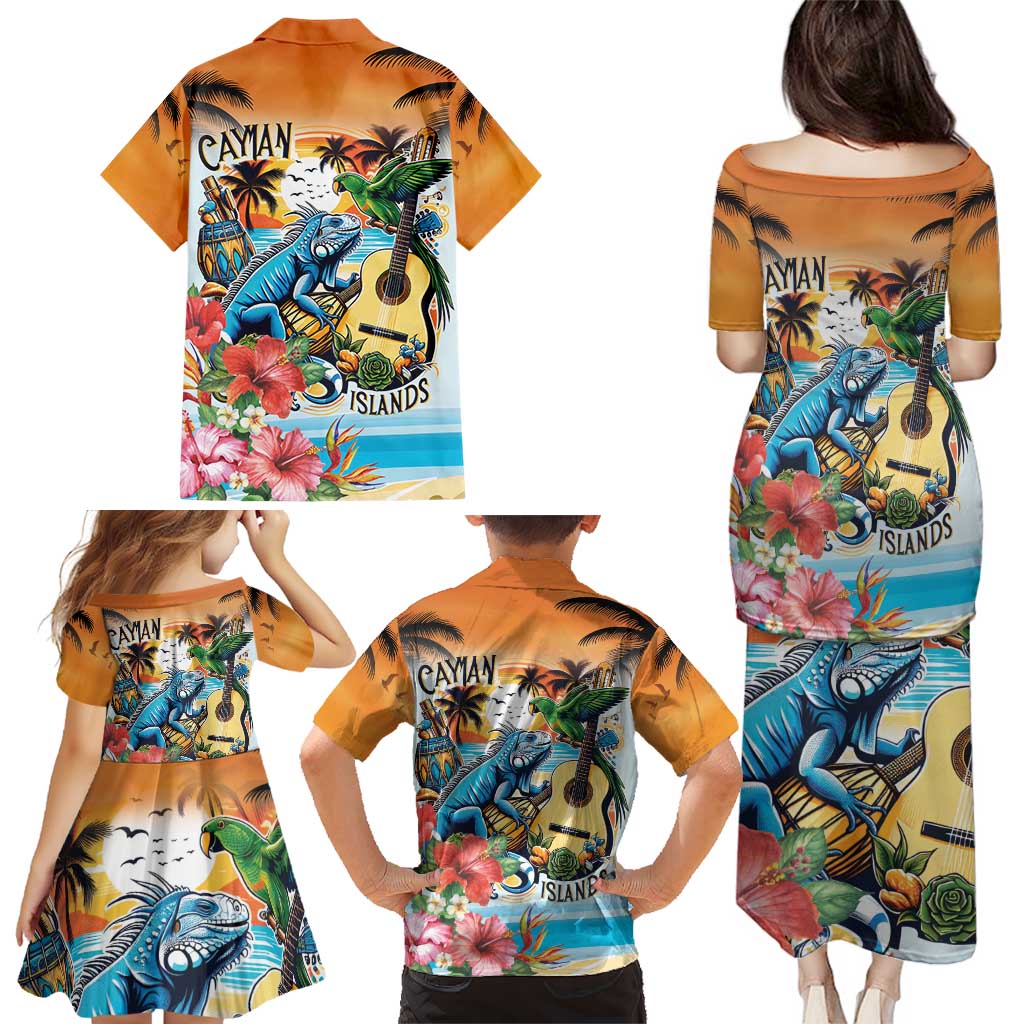 Cayman Islands Family Matching Puletasi and Hawaiian Shirt Iguanas And Parrot Hisbius Flower - Wonder Print Shop