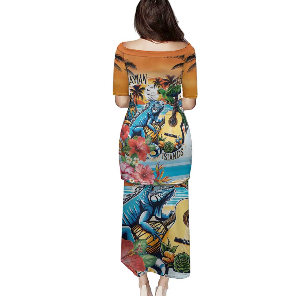 Cayman Islands Family Matching Puletasi and Hawaiian Shirt Iguanas And Parrot Hisbius Flower - Wonder Print Shop