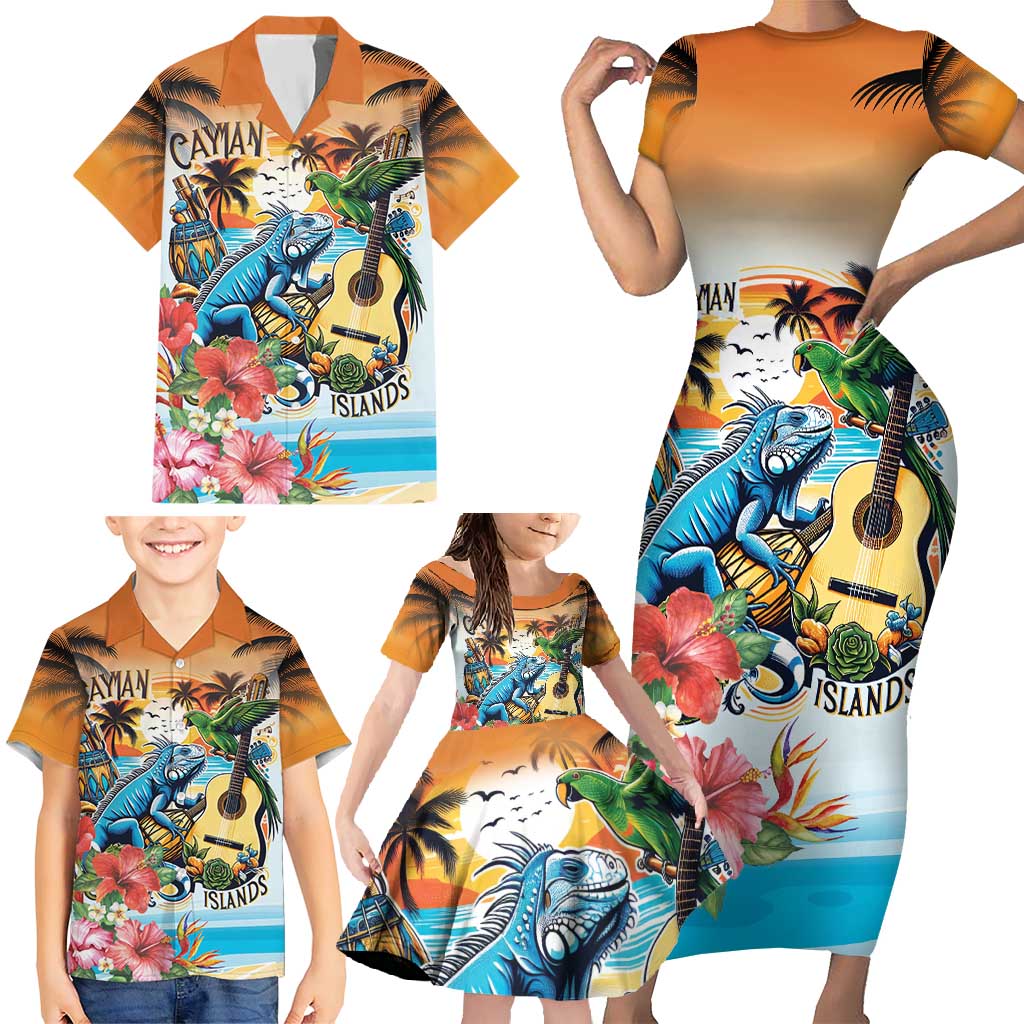 Cayman Islands Family Matching Short Sleeve Bodycon Dress and Hawaiian Shirt Iguanas And Parrot Hisbius Flower - Wonder Print Shop