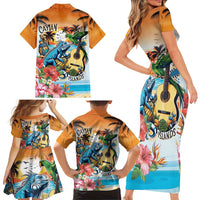 Cayman Islands Family Matching Short Sleeve Bodycon Dress and Hawaiian Shirt Iguanas And Parrot Hisbius Flower - Wonder Print Shop
