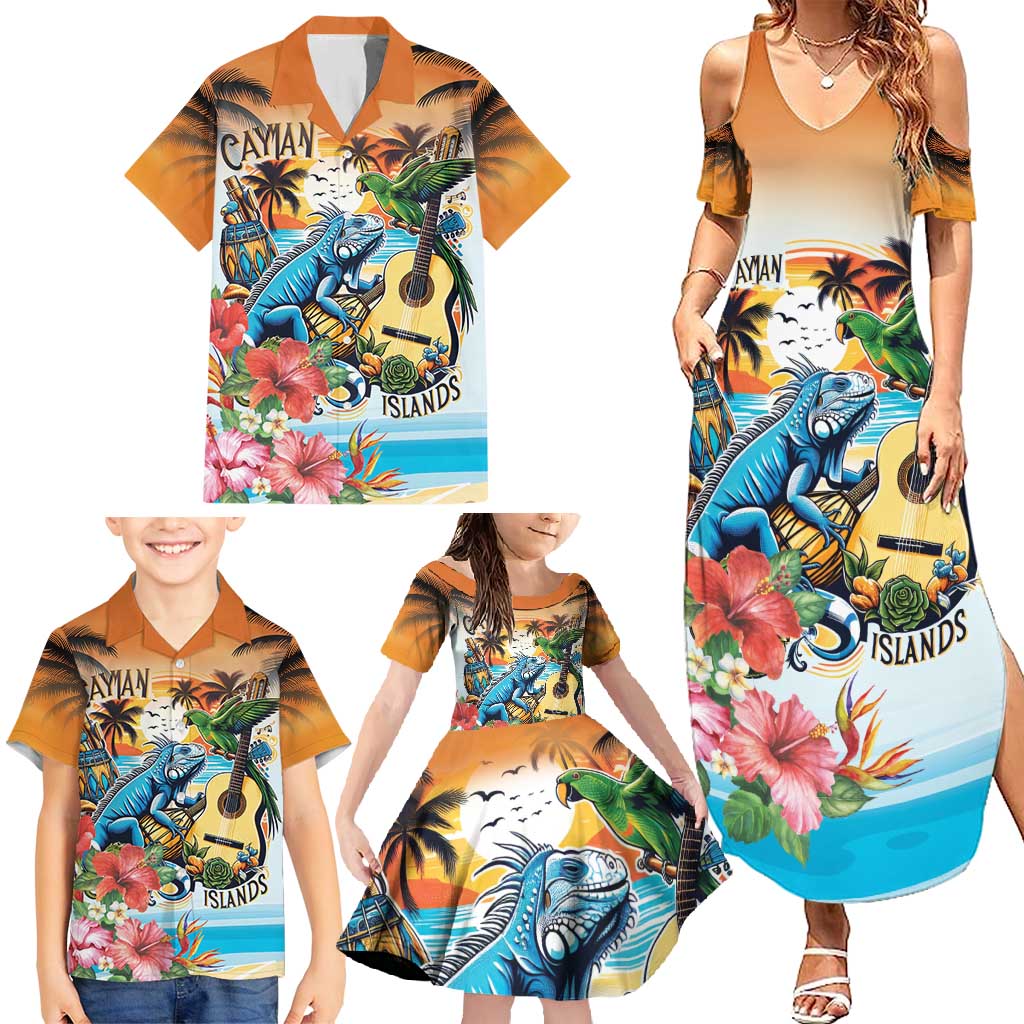 Cayman Islands Family Matching Summer Maxi Dress and Hawaiian Shirt Iguanas And Parrot Hisbius Flower - Wonder Print Shop