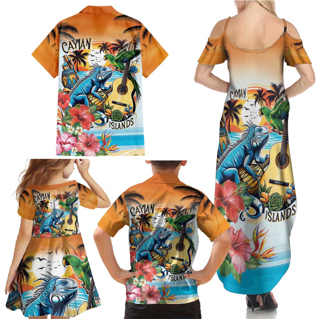 Cayman Islands Family Matching Summer Maxi Dress and Hawaiian Shirt Iguanas And Parrot Hisbius Flower - Wonder Print Shop