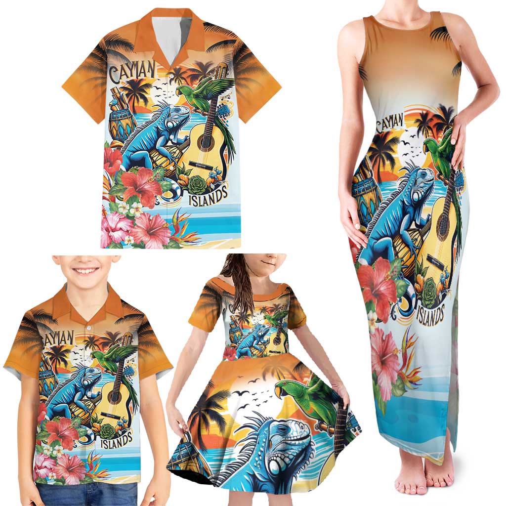 Cayman Islands Family Matching Tank Maxi Dress and Hawaiian Shirt Iguanas And Parrot Hisbius Flower - Wonder Print Shop