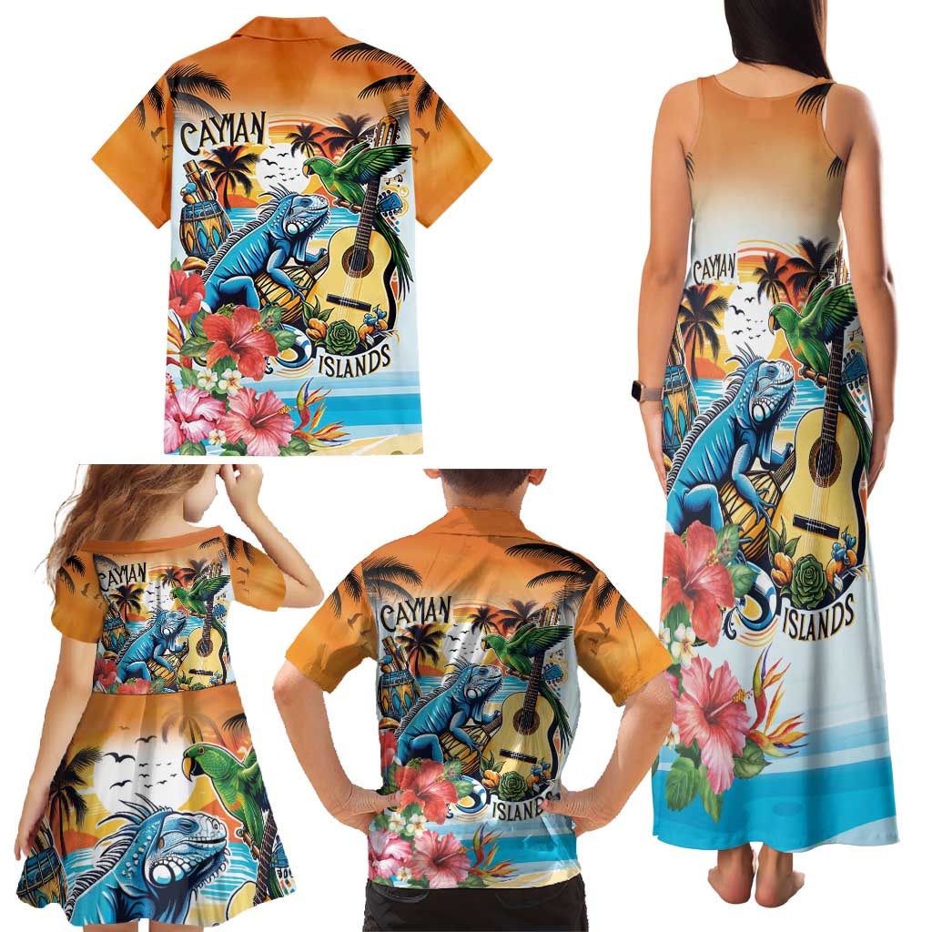 Cayman Islands Family Matching Tank Maxi Dress and Hawaiian Shirt Iguanas And Parrot Hisbius Flower - Wonder Print Shop