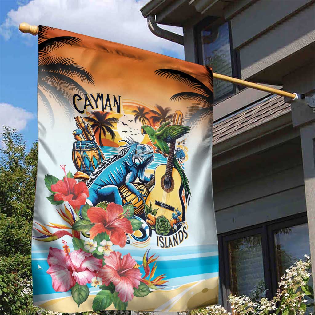 Cayman Islands Garden Flag Iguanas And Parrot Hisbius Flower - Wonder Print Shop