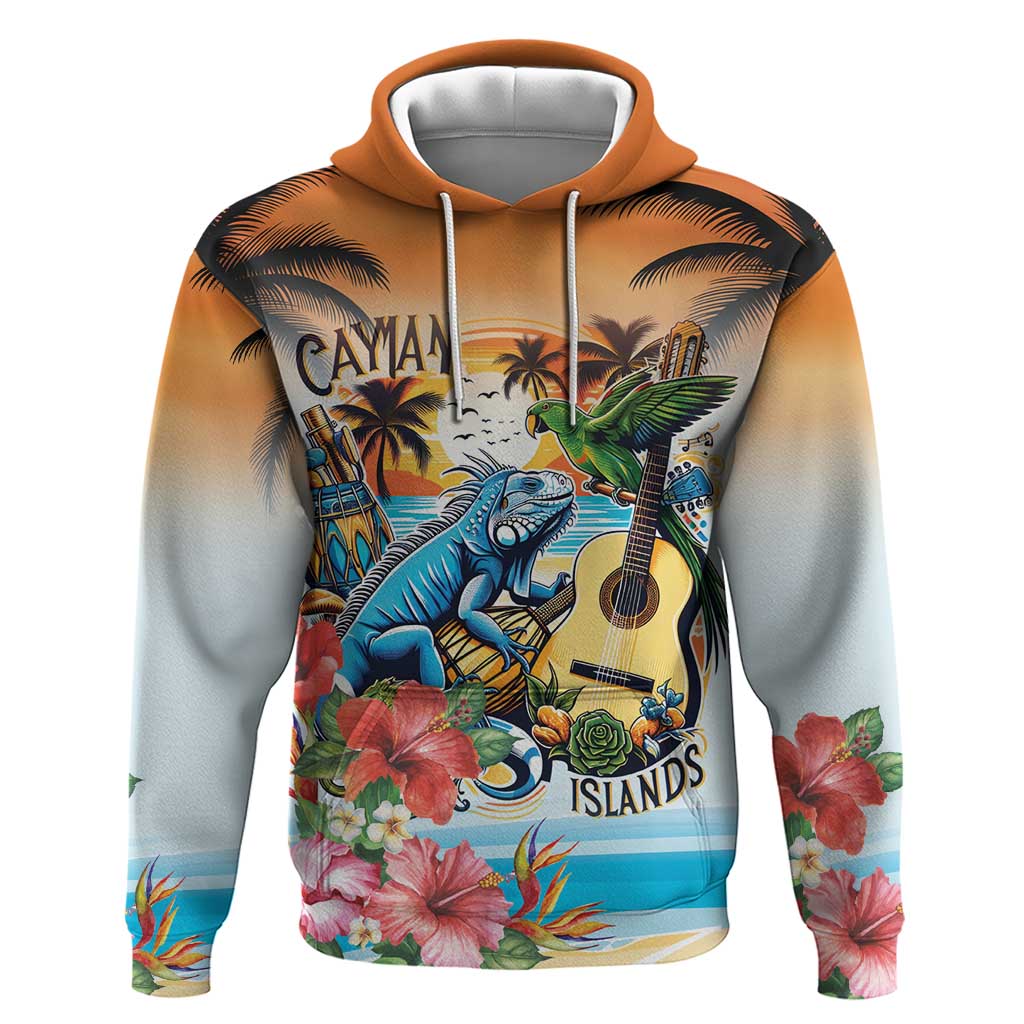 Cayman Islands Hoodie Iguanas And Parrot Hisbius Flower - Wonder Print Shop