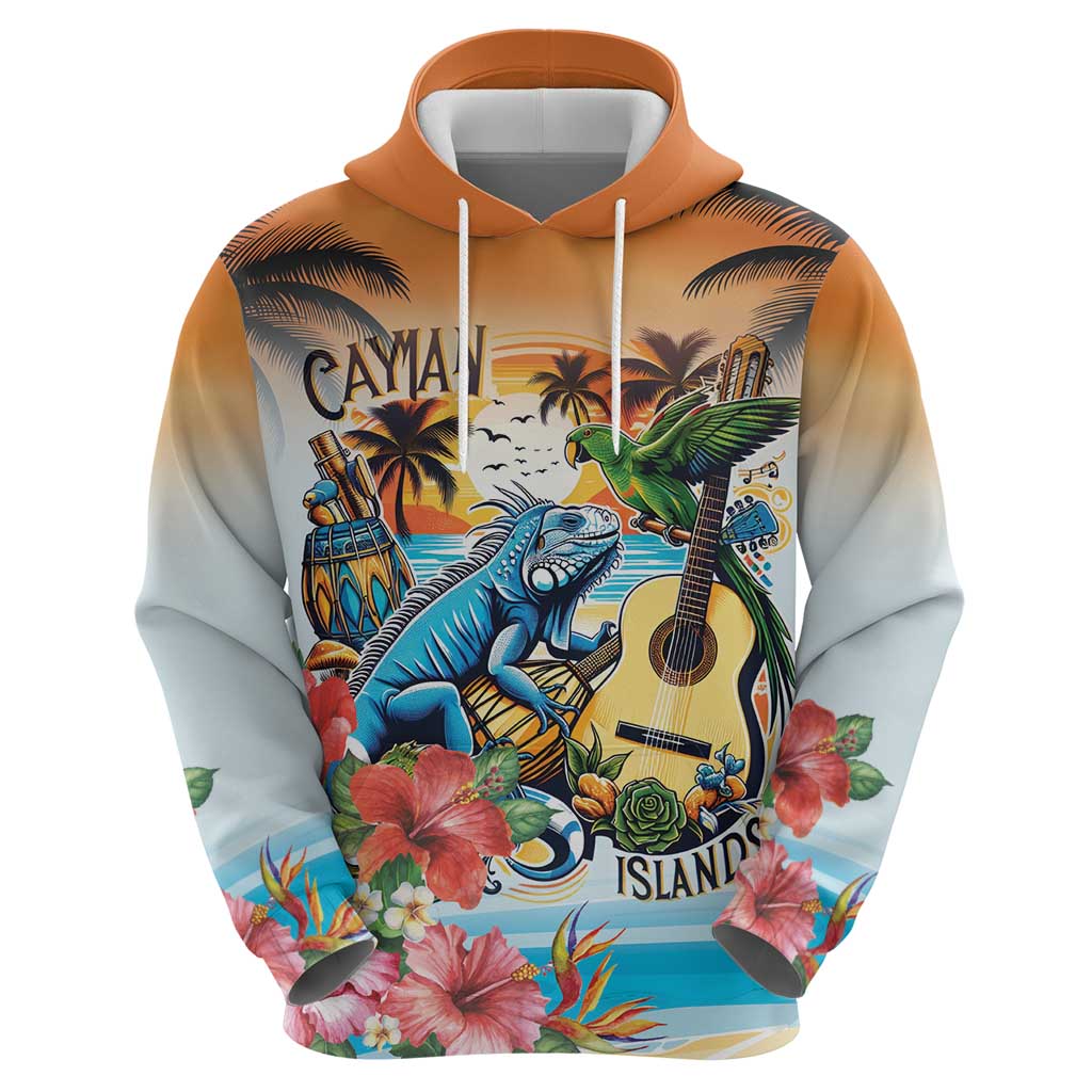 Cayman Islands Hoodie Iguanas And Parrot Hisbius Flower - Wonder Print Shop