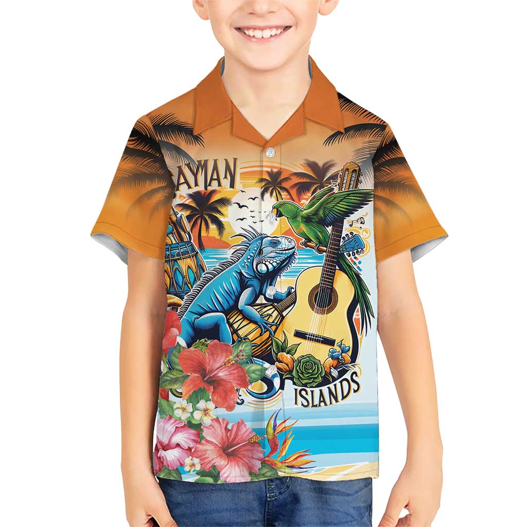 Cayman Islands Kid Hawaiian Shirt Iguanas And Parrot Hisbius Flower - Wonder Print Shop
