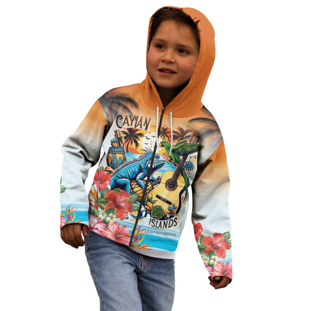 Cayman Islands Kid Hoodie Iguanas And Parrot Hisbius Flower - Wonder Print Shop