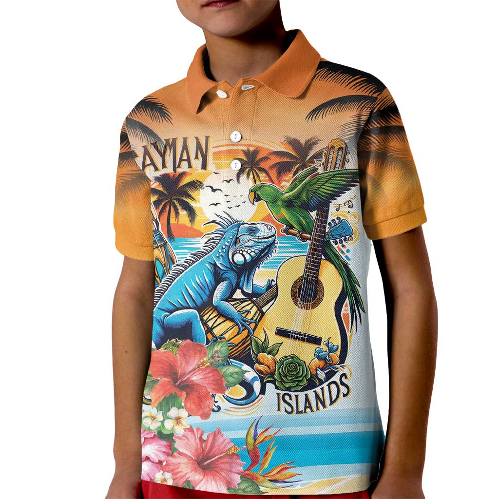 Cayman Islands Kid Polo Shirt Iguanas And Parrot Hisbius Flower - Wonder Print Shop