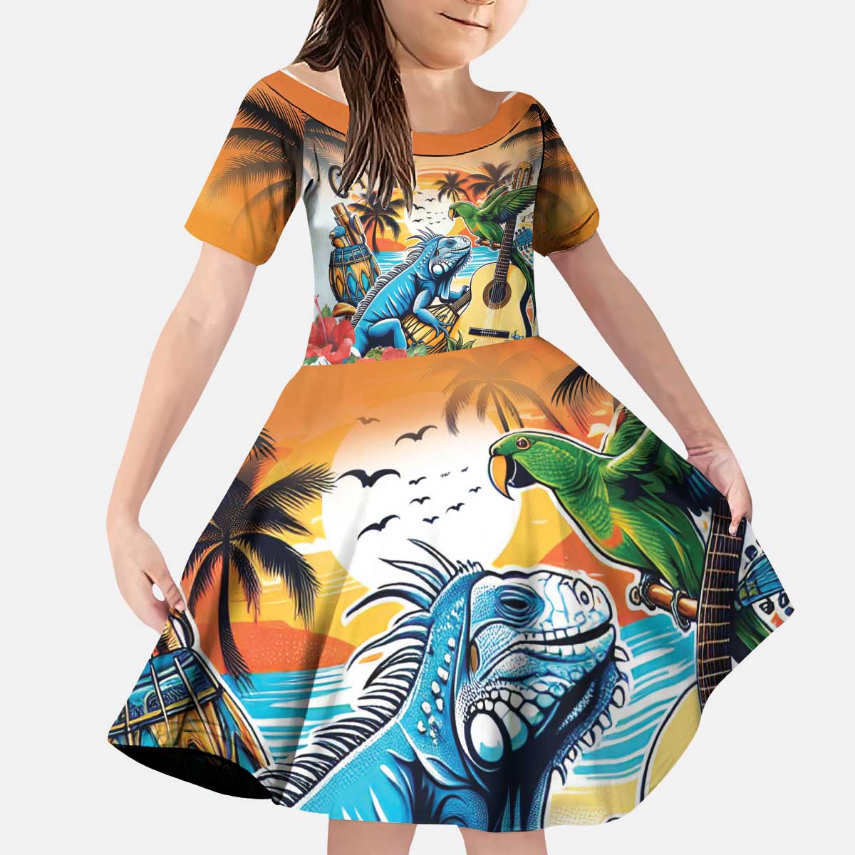 Cayman Islands Kid Short Sleeve Dress Iguanas And Parrot Hisbius Flower - Wonder Print Shop