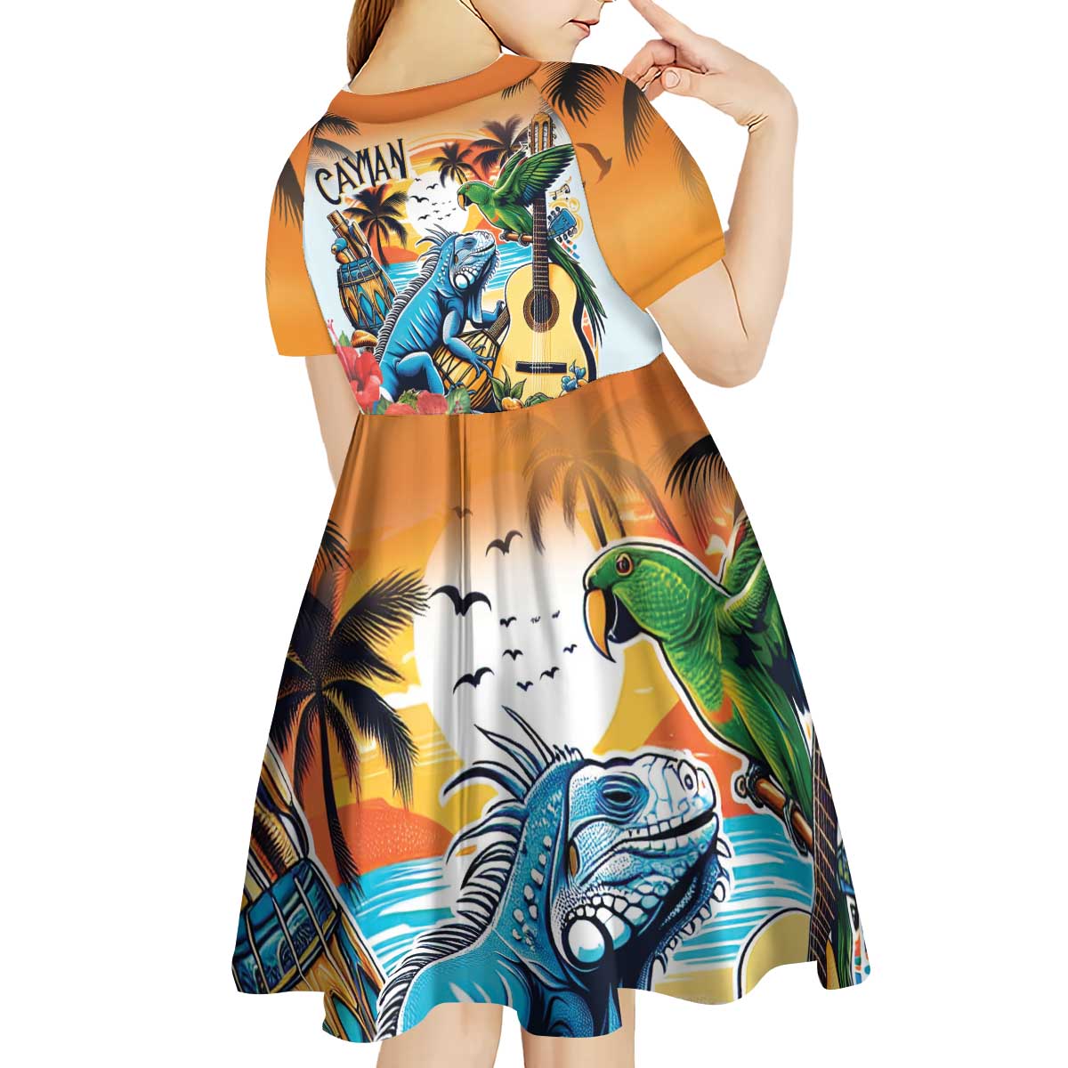 Cayman Islands Kid Short Sleeve Dress Iguanas And Parrot Hisbius Flower - Wonder Print Shop