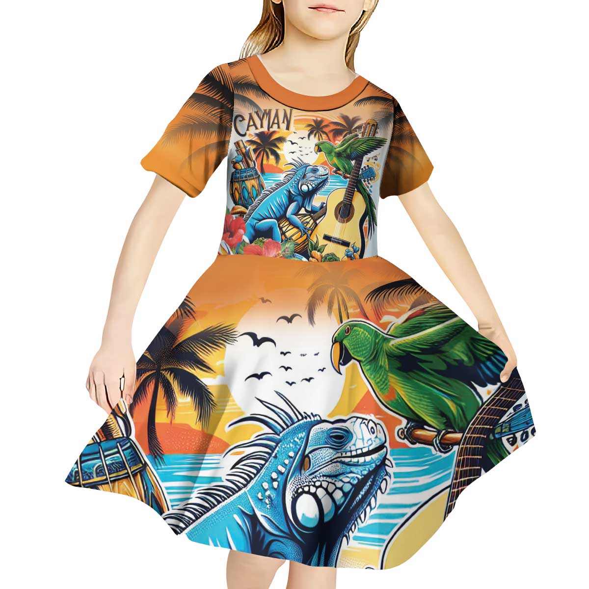 Cayman Islands Kid Short Sleeve Dress Iguanas And Parrot Hisbius Flower - Wonder Print Shop