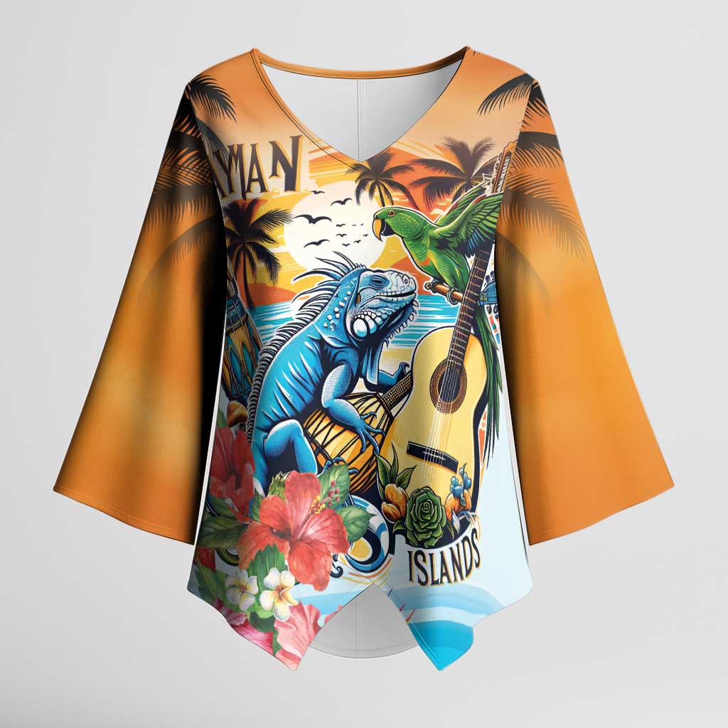 Cayman Islands Kimono Sleeve Blouse Iguanas And Parrot Hisbius Flower - Wonder Print Shop