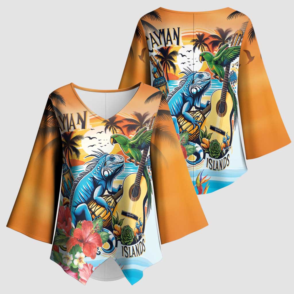 Cayman Islands Kimono Sleeve Blouse Iguanas And Parrot Hisbius Flower - Wonder Print Shop