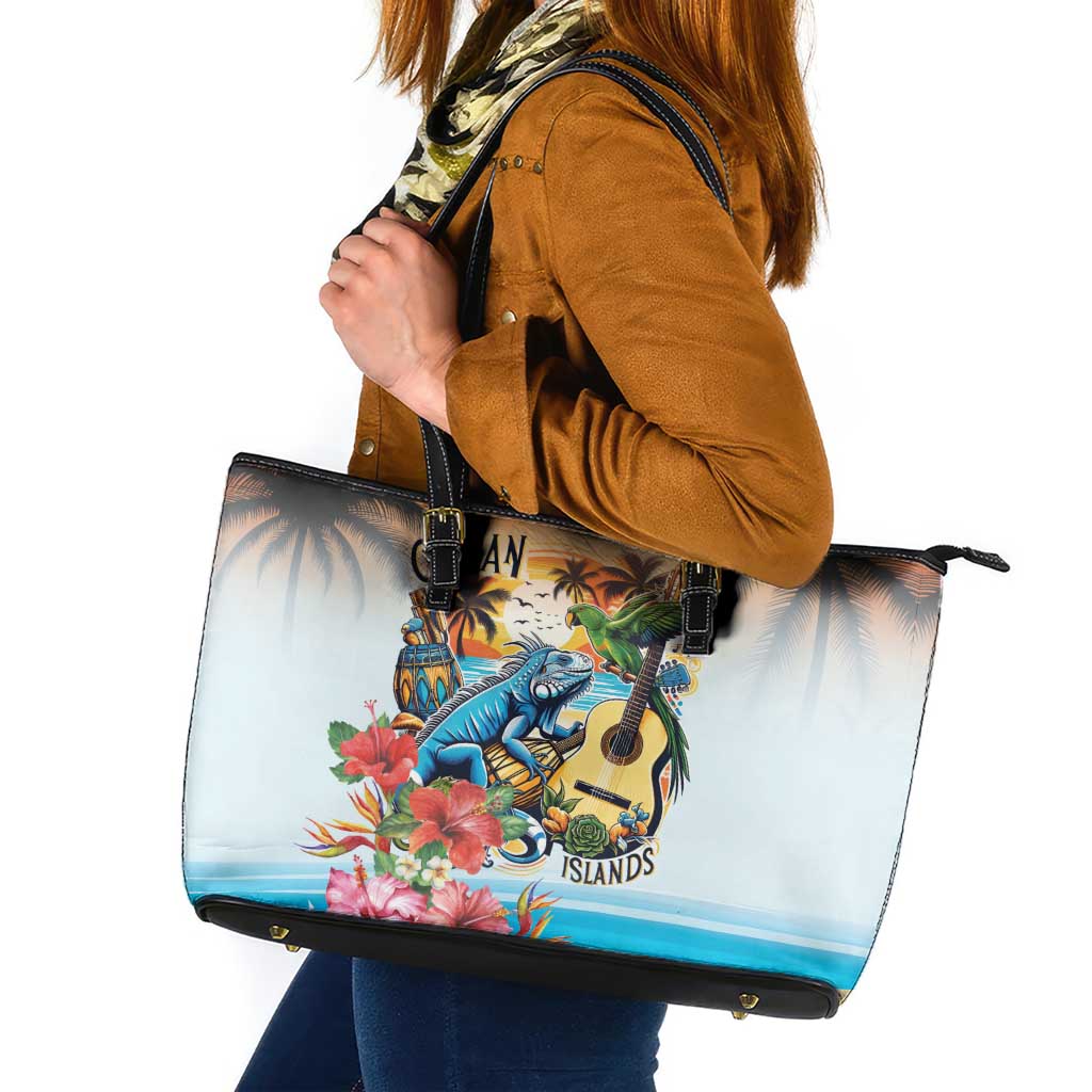 Cayman Islands Leather Tote Bag Iguanas And Parrot Hisbius Flower - Wonder Print Shop