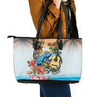 Cayman Islands Leather Tote Bag Iguanas And Parrot Hisbius Flower - Wonder Print Shop