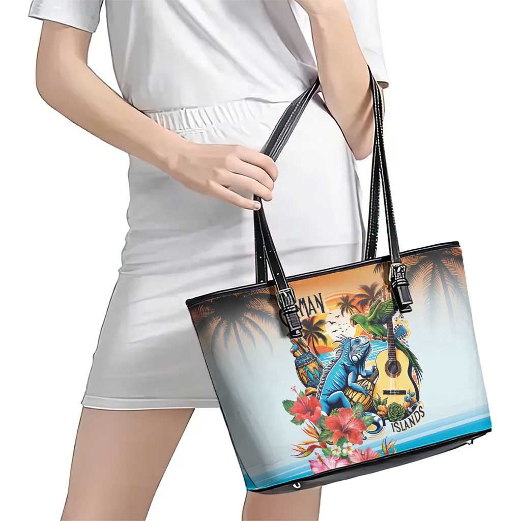 Cayman Islands Leather Tote Bag Iguanas And Parrot Hisbius Flower - Wonder Print Shop